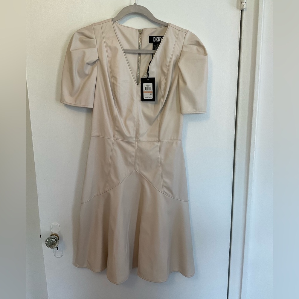 DKNY Faux Leather Puff Sleeve Dress